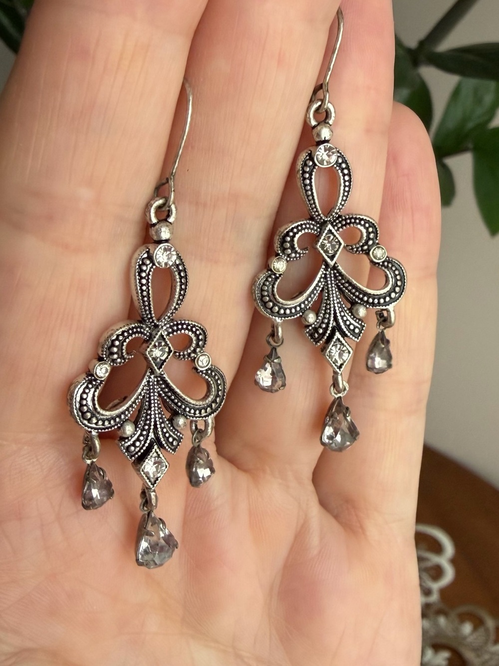 Avon Silver-Tone Filigree Dangle Earrings with Gray Crystal Drops